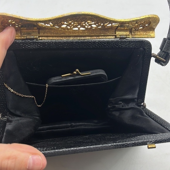Vintage Black Gold Leather Snakeskin Metal Embellished Evening Bag After Five - Picture 10 of 15